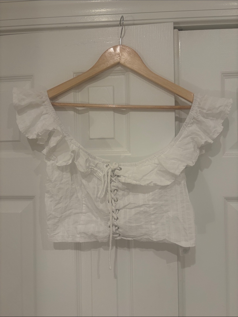 Boohoo UK White Ruffle Lace-Up Crop Top